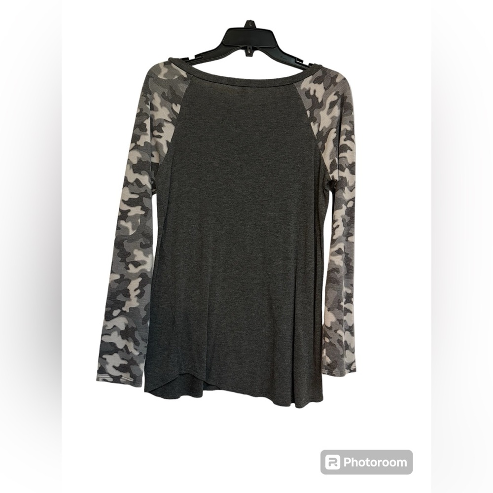 Cool Melon women’s long sleeve gray with camo print sleeves.